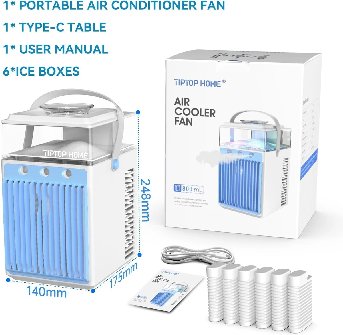 Aer conditionat portabil, tiptop home, capacitate 800ml, mit umidificator und telecomanda, 3 trepte de viteza