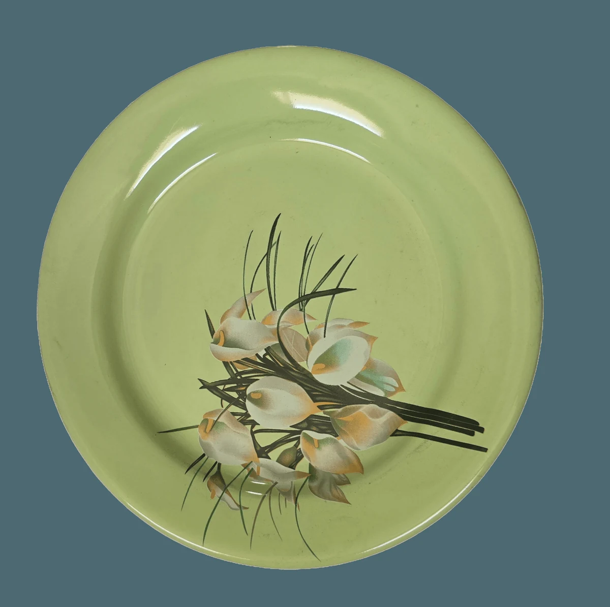 Farfurie intinsa, 23 cm, Verde decorat cu floare cala