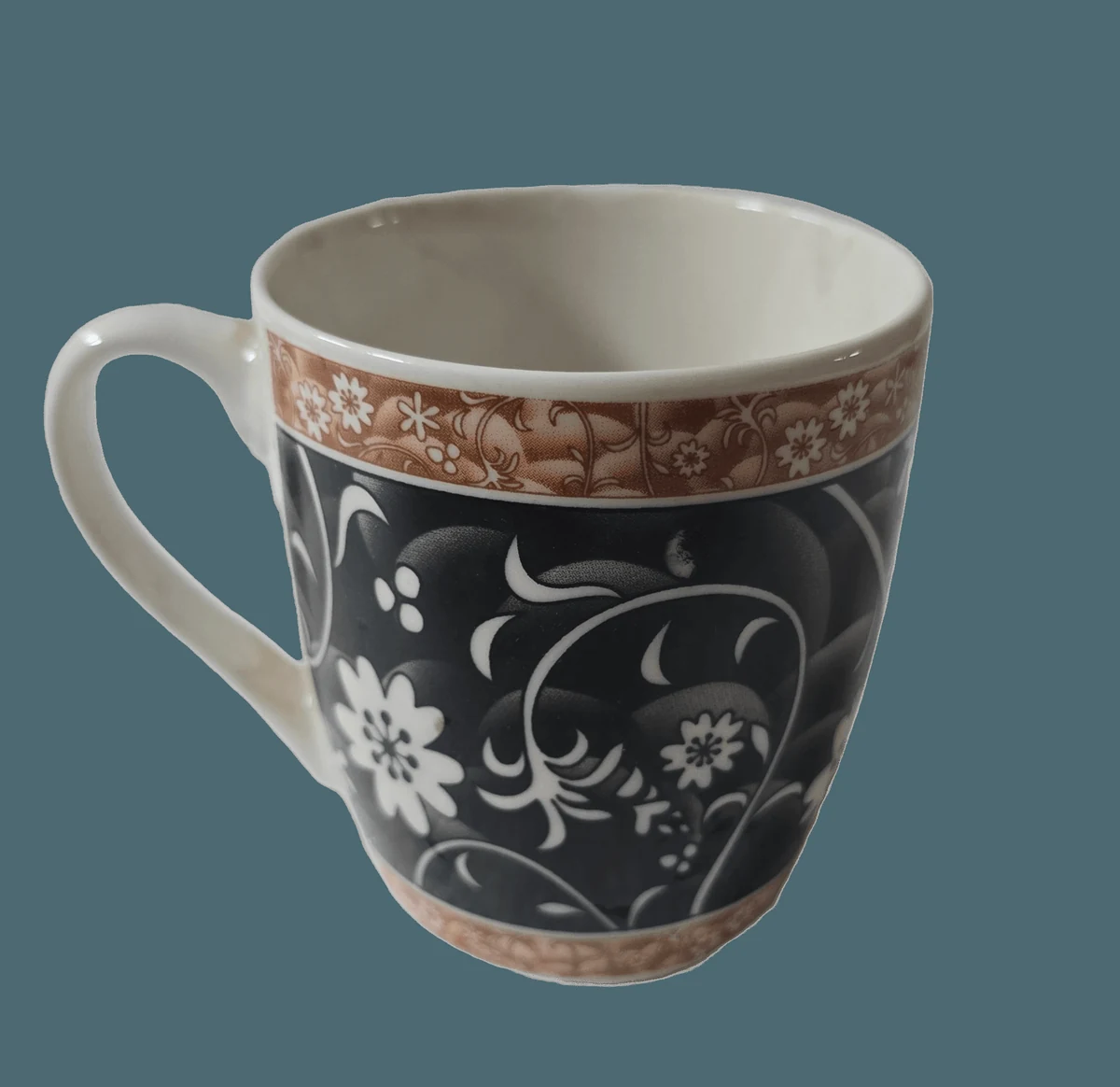 Cana, 180 ml, Negru/Maro cu flori albe