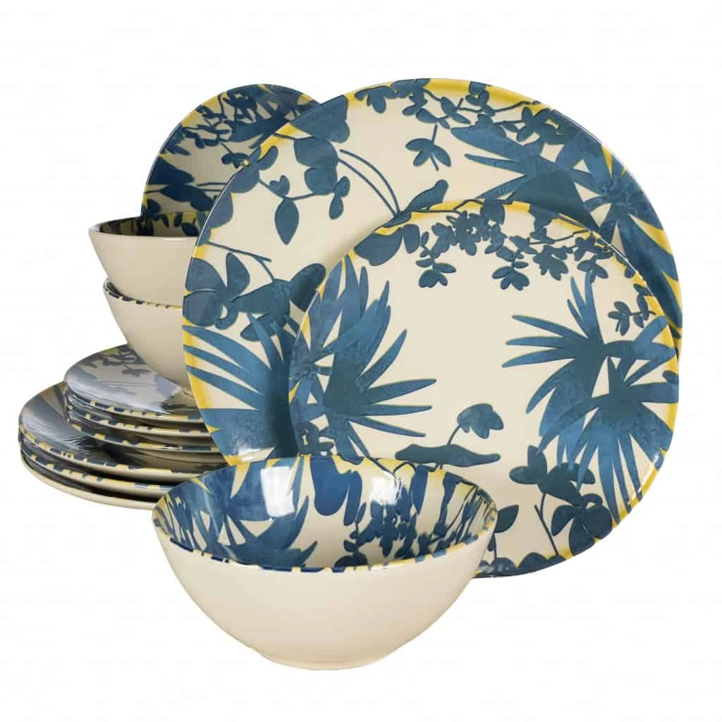Set plates 12 piese, 4 persoane, hawaii, white ivoire with frunze blue închis