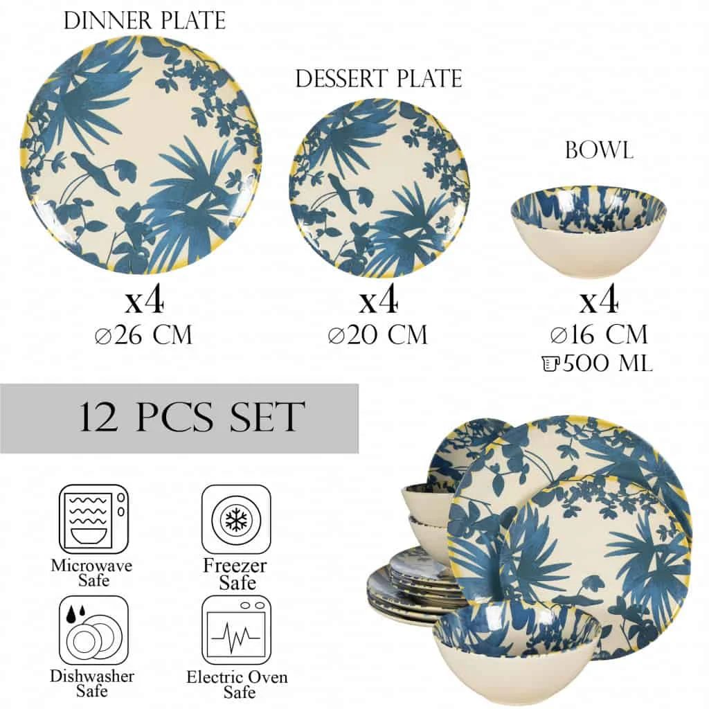 Set farfurii 12 piese, 4 persoane, hawaii, alb ivoire cu frunze albastru închis, imagine 2