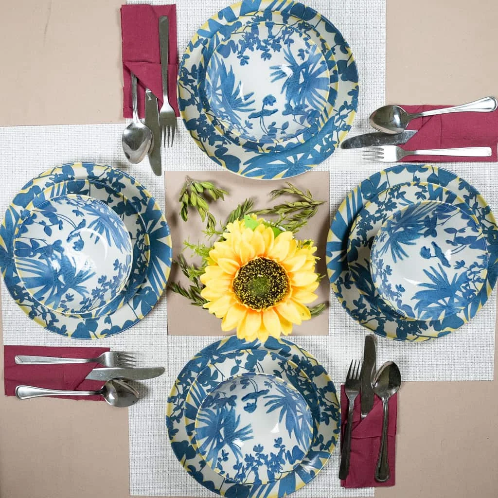 Set farfurii 12 piese, 4 persoane, hawaii, alb ivoire cu frunze albastru închis, imagine 7