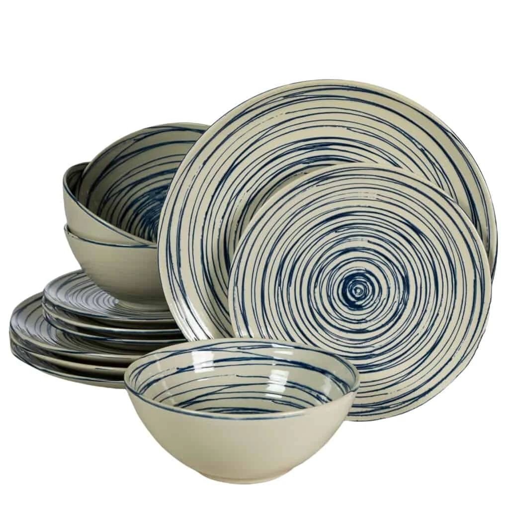 Set plates 12 piese, 4 persoane, white ivoire glossy with blue