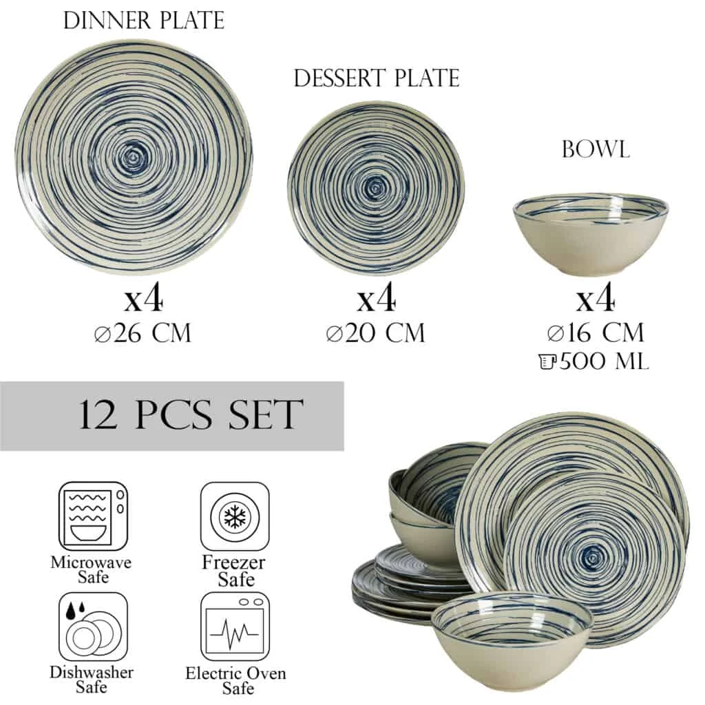 Set farfurii 12 piese, 4 persoane, alb ivoire lucios cu albastru, imagine 2