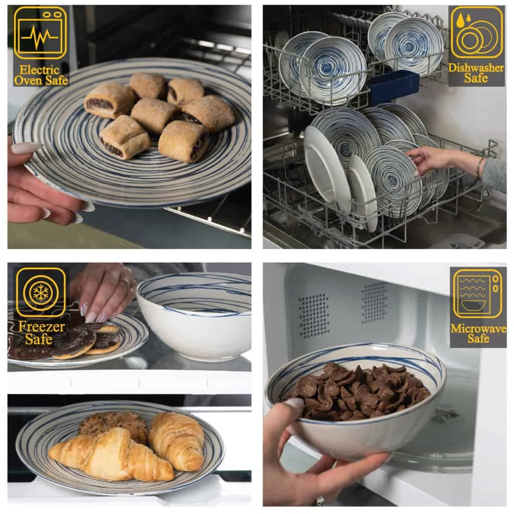 Set farfurii 12 piese, 4 persoane, alb ivoire lucios cu albastru, imagine 3