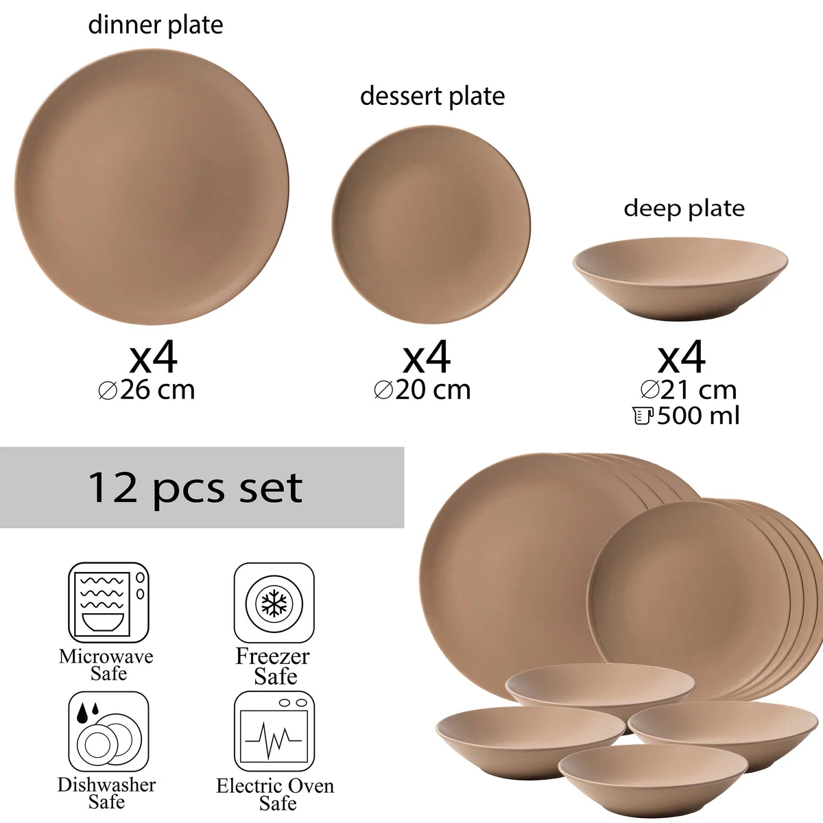 Set farfurii 12 piese, pentru 4 persoane, latte, crem mat, imagine 2