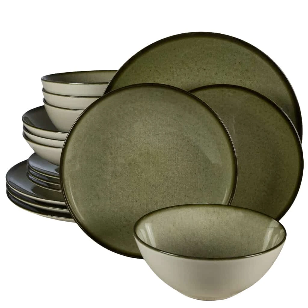 Set plates 16 piese, earth green, CESIRO, white ivoire with green