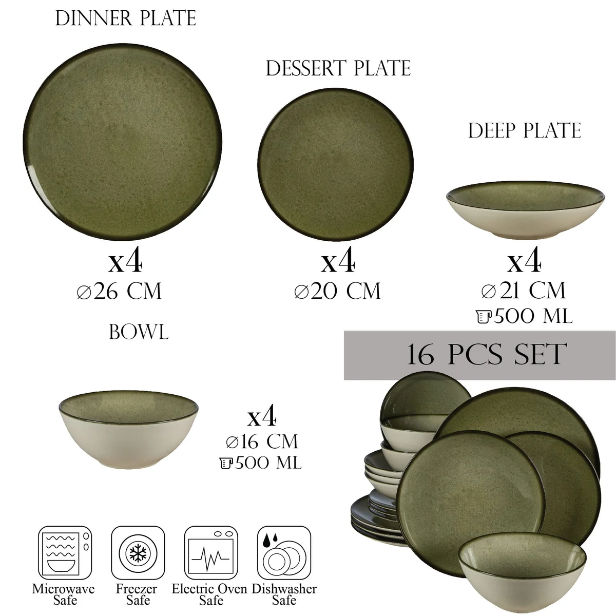 Set farfurii 16 piese, earth green, CESIRO, alb ivoire cu verde, imagine 2