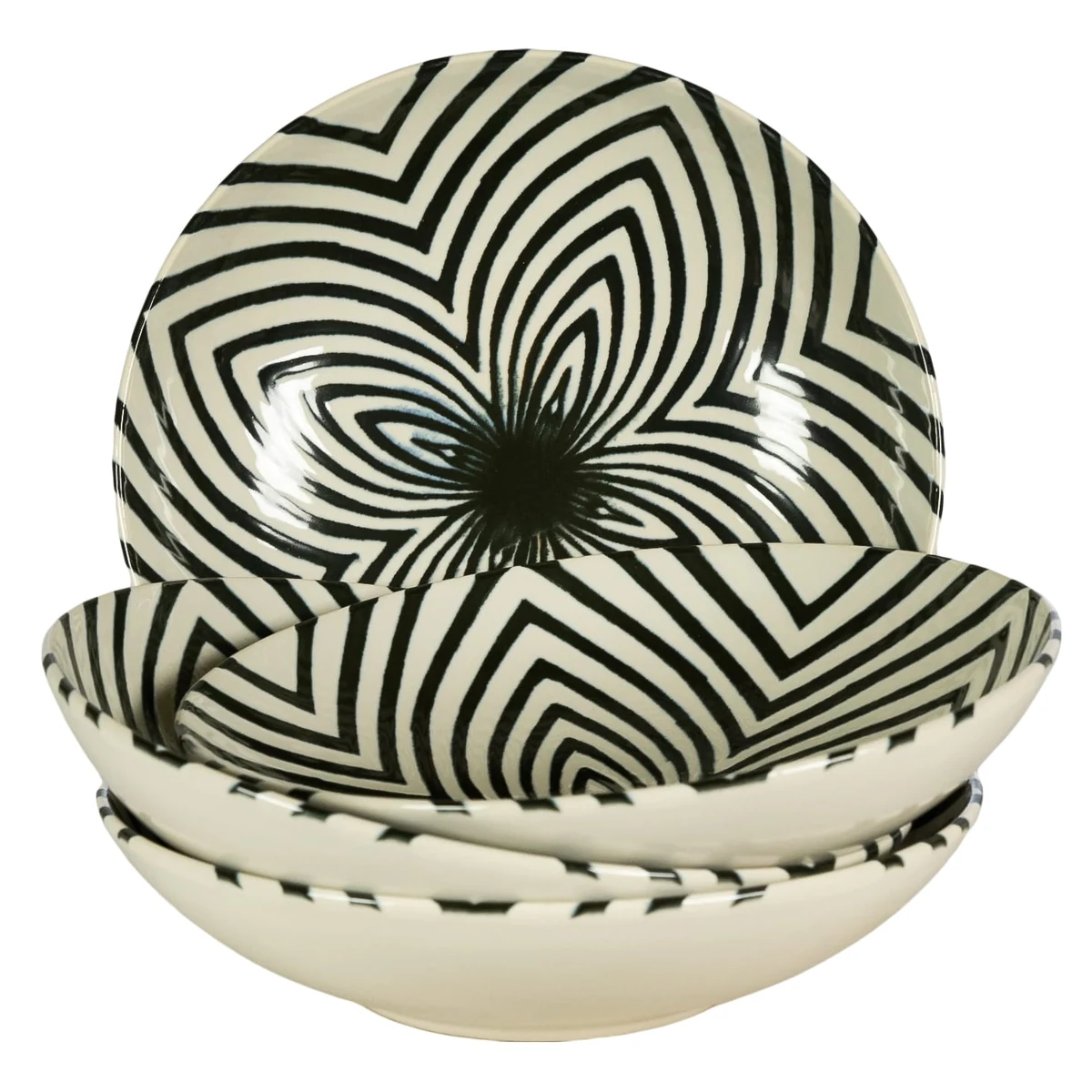 Set 4 farfurii adanci, 21 cm, Hypnosis, Alb Ivoire cu linii negre