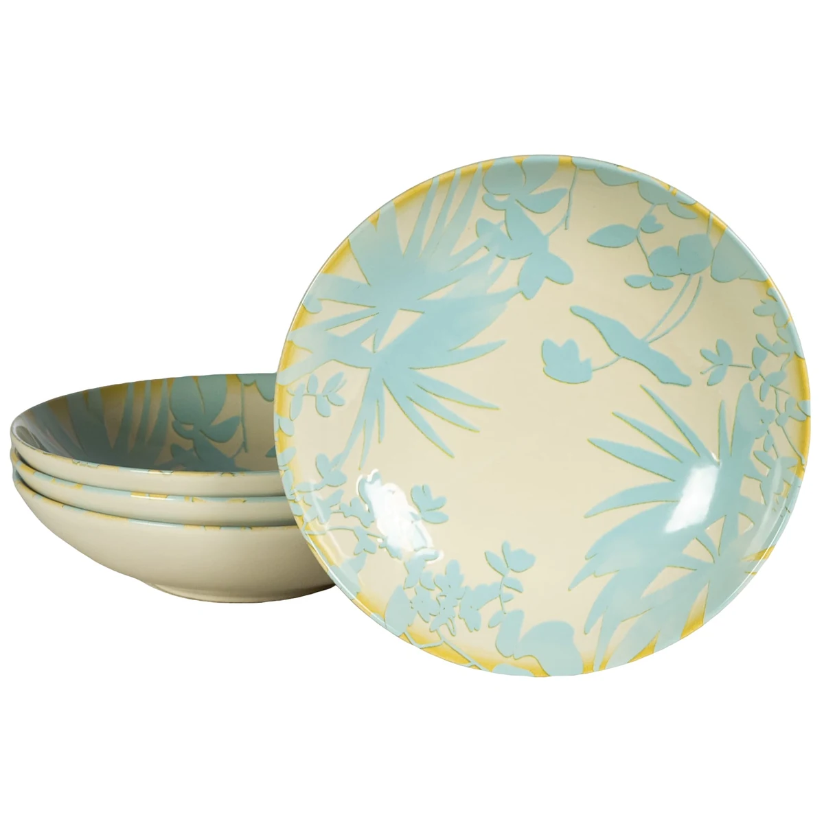 Set 4 farfurii adanci, 21 cm, Hawaii, Crem deschis cu frunze albastru deschise