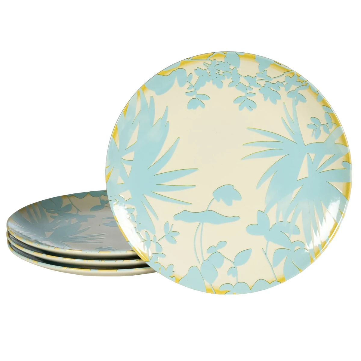 Set 4 farfurii intinse, 26 cm, Hawaii, Crem deschis cu frunze albastru deschise