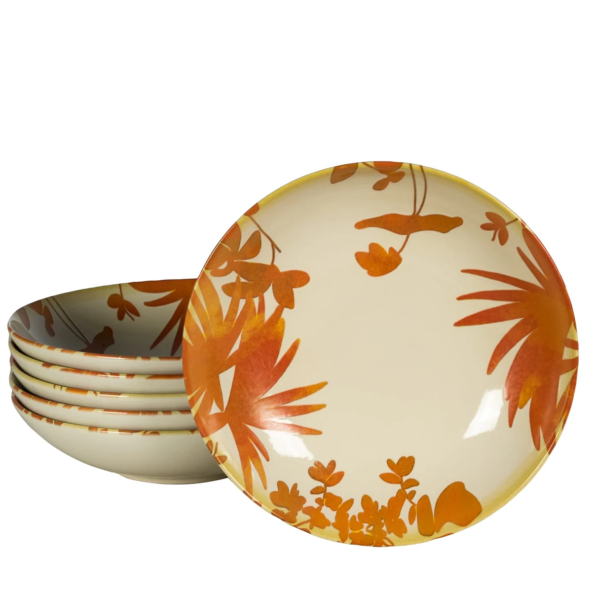 Set 6 farfurii adanci, 21 cm, Hawaii, Crem deschis cu frunze portocalii