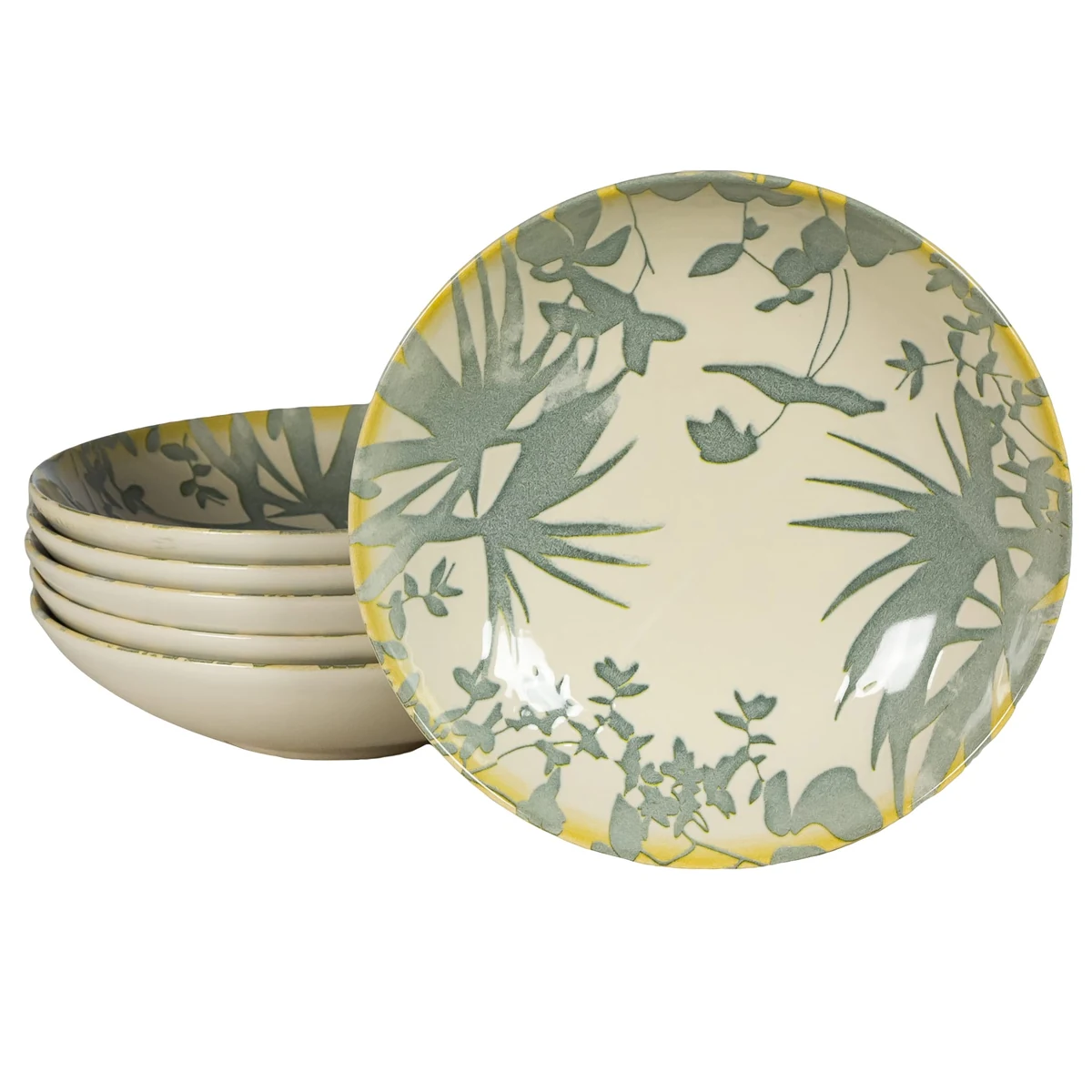 Set 6 farfurii adanci, 21 cm, Hawaii, Crem deschis cu frunze gri
