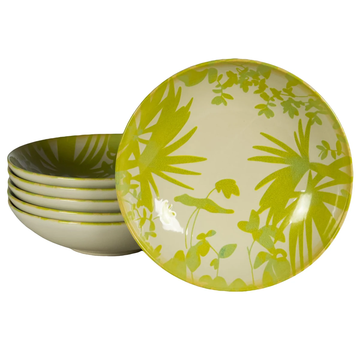 Set 6 farfurii adanci, 21 cm, Hawaii, Crem deschis cu frunze verzi-galbui