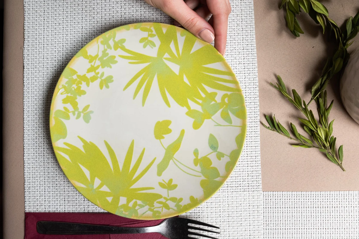 Set 6 farfurii desert, 20 cm, hawaii, crem deschis cu frunze verzi-galbui, imagine 6