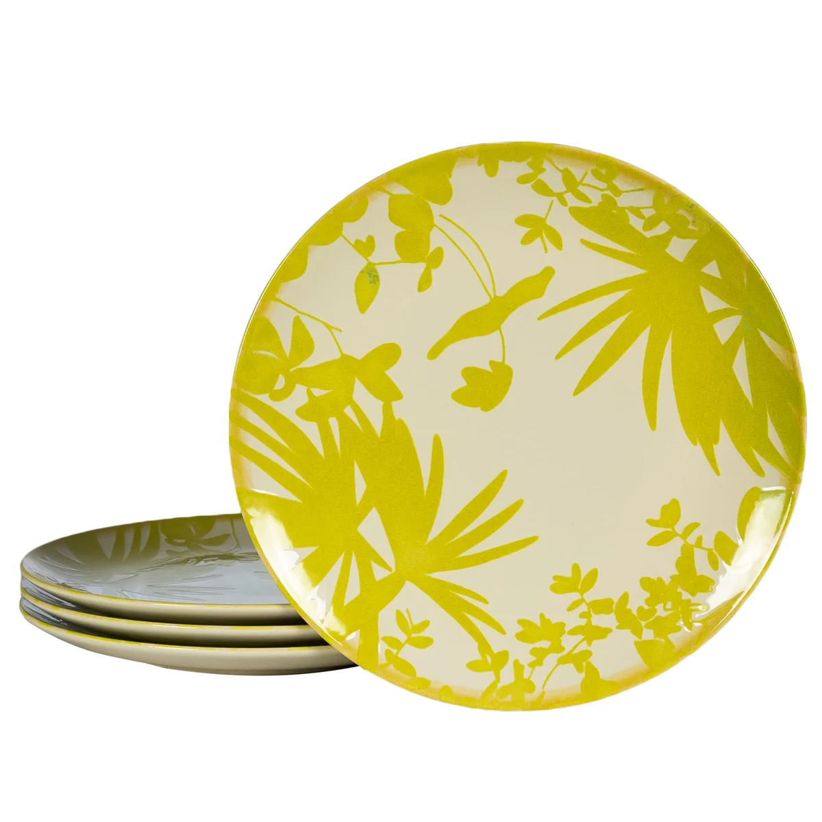 Set 4 Teller Speiseteller, 26 cm, hawaii, creme deschis mit frunze verzi-galbui