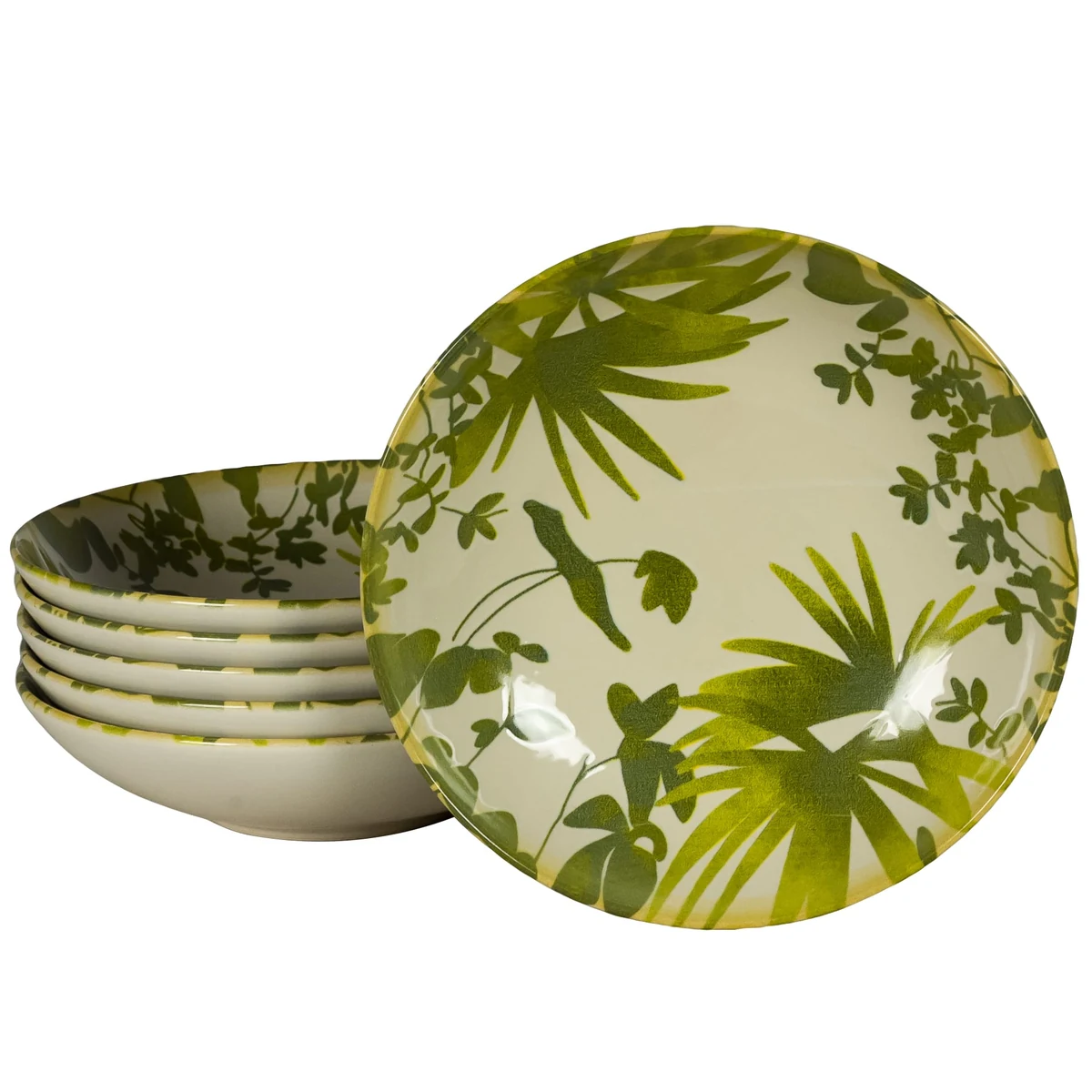 Set 6 farfurii adanci, 21 cm, Hawaii, Crem deschis cu frunze verzi