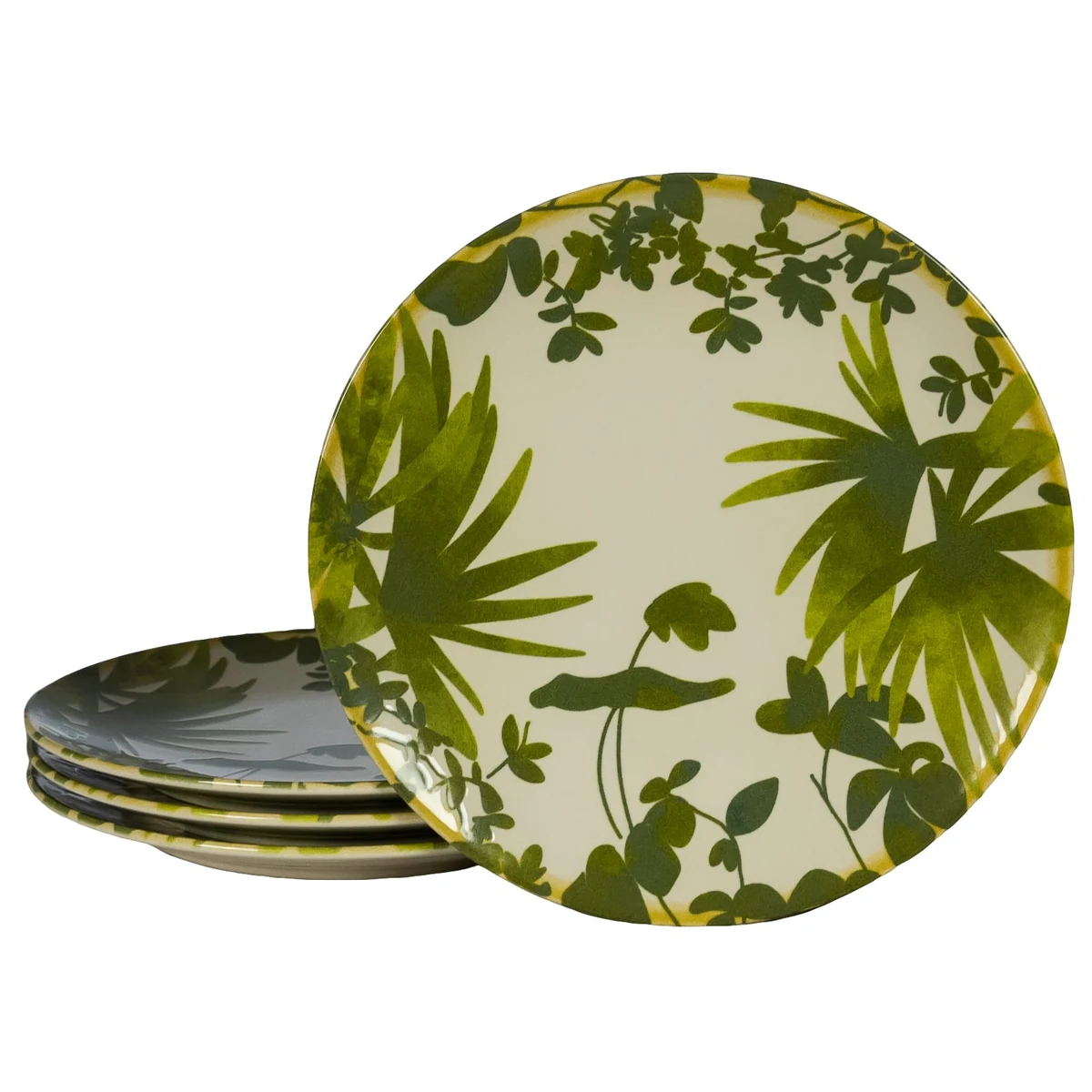 Set 4 farfurii intinse, 26 cm, Hawaii, Crem deschis cu frunze verzi