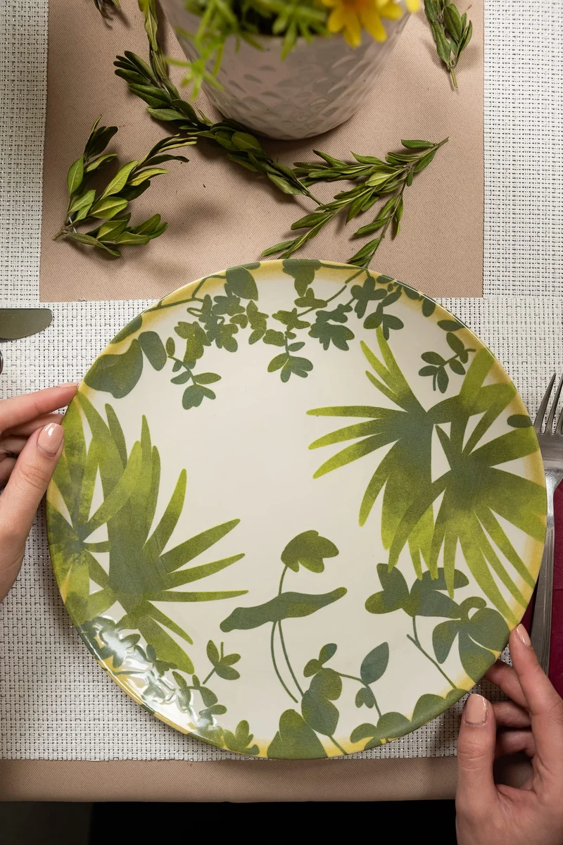 Set 4 farfurii intinse, 26 cm, hawaii, crem deschis cu frunze verzi, imagine 6
