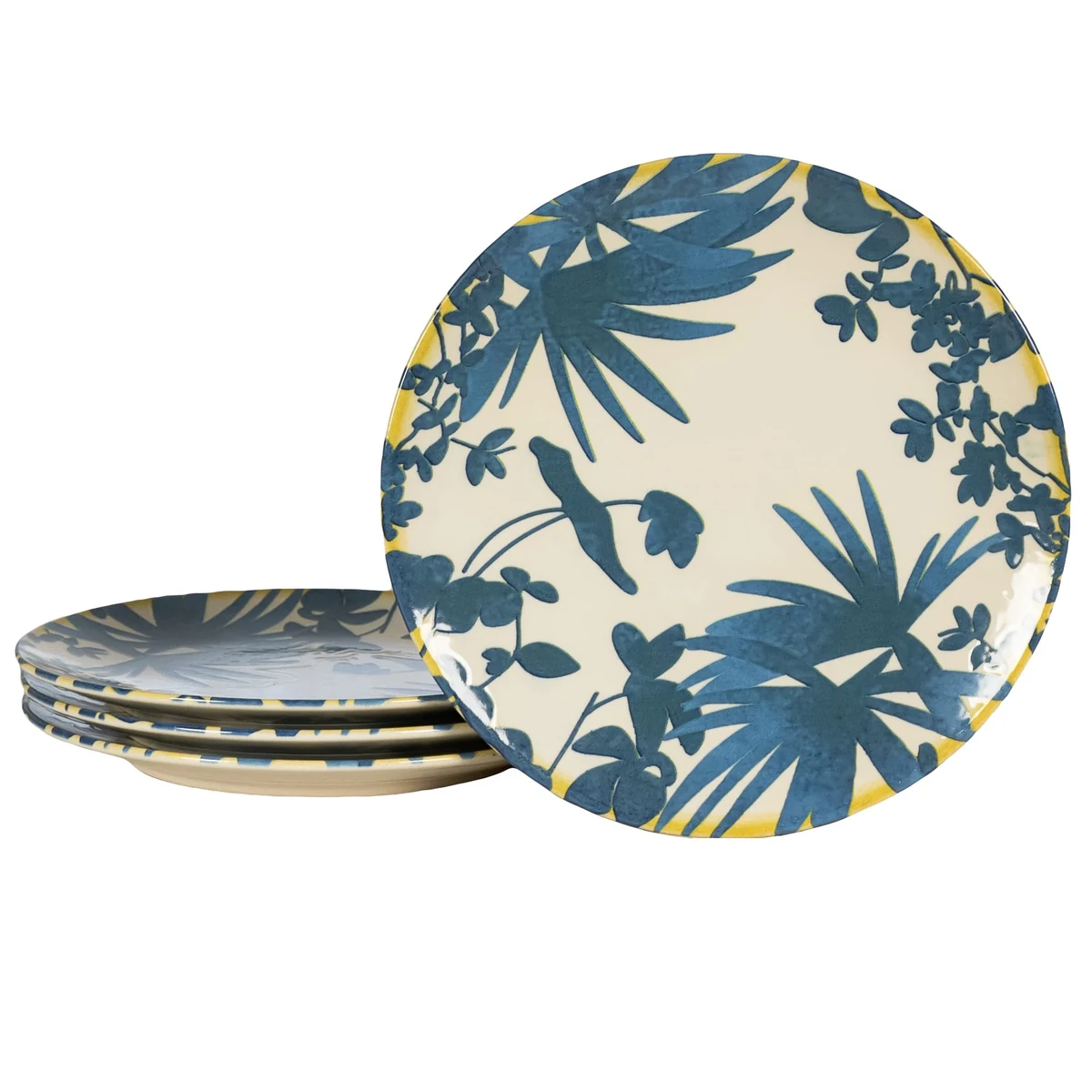 Set 4 Teller Dessert, 20 cm, hawaii, creme deschis mit frunze albastre
