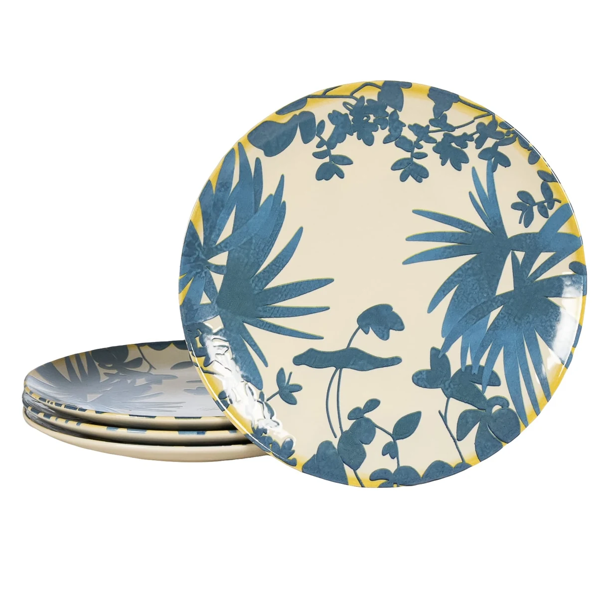 Set 4 farfurii intinse, 26 cm, Hawaii, Crem deschis cu frunze albastre