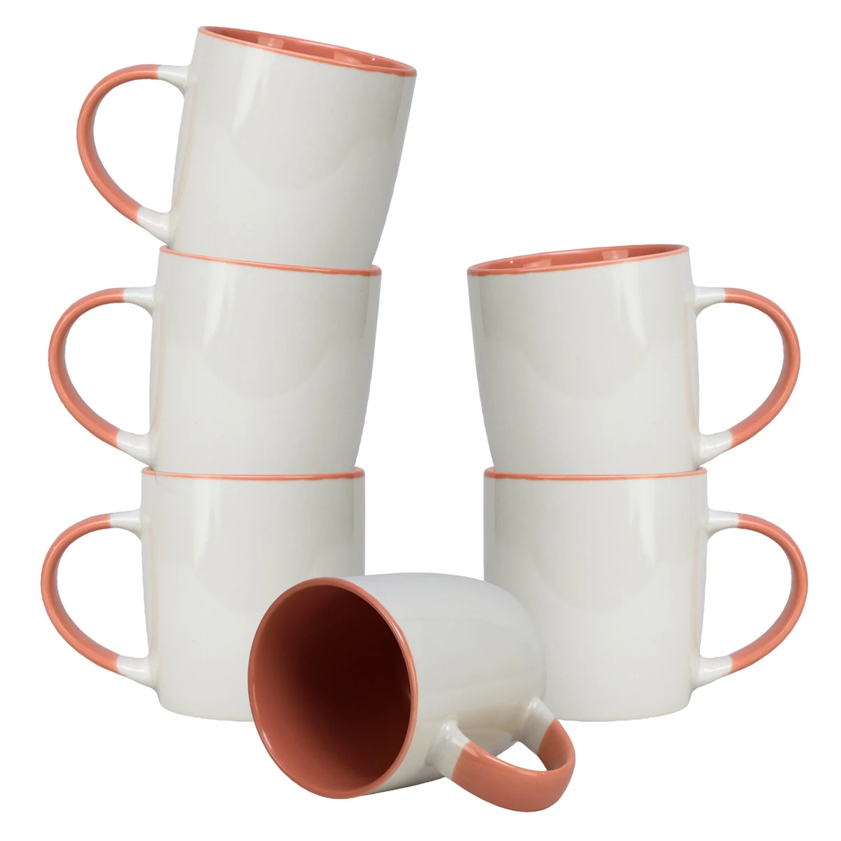 Set 6 mugs, 320 ml, CESIRO, porcelain, white/coral