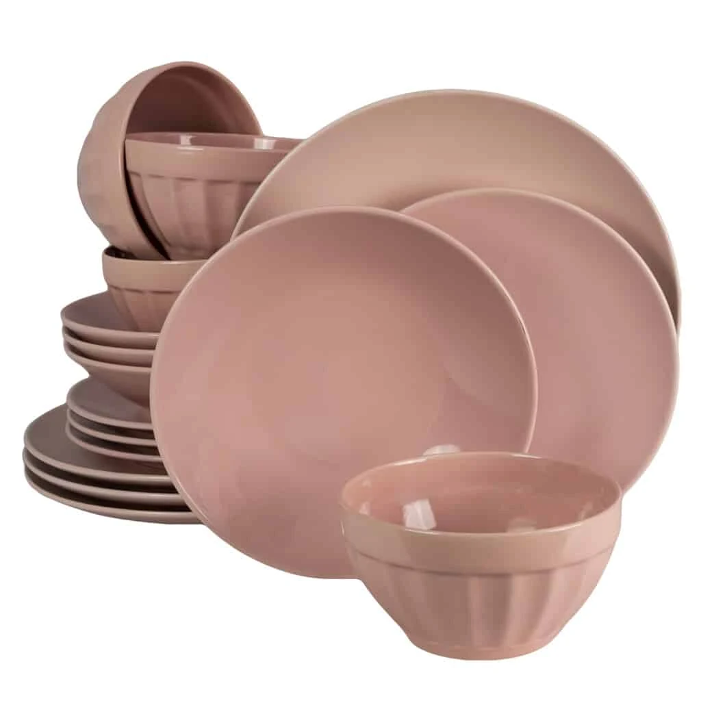 Set plates 16 piese, 4 persoane, pink, pink glossy and pink matte