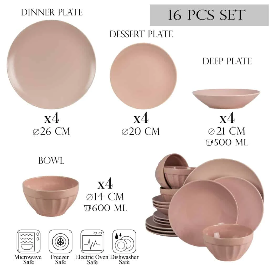 Set farfurii 16 piese, 4 persoane, pink, roz lucios si roz mat, imagine 2