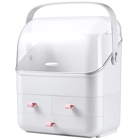 Linfidite cutie de depozitare cosmetice с capac, organizator de machiaj с capac anti-praf, mâner portabil, бял