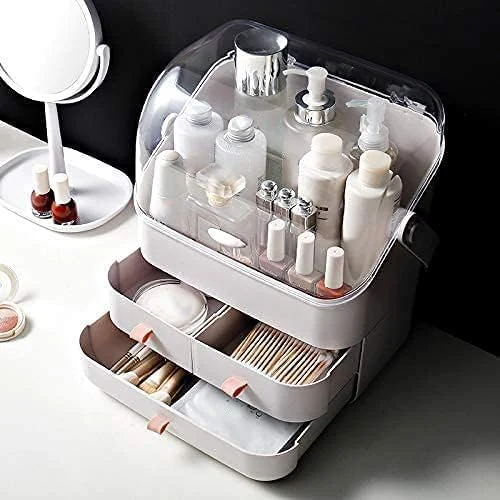 Linfidite cutie de depozitare cosmetice cu capac, organizator de machiaj cu capac anti-praf, mâner portabil, alb, imagine 3