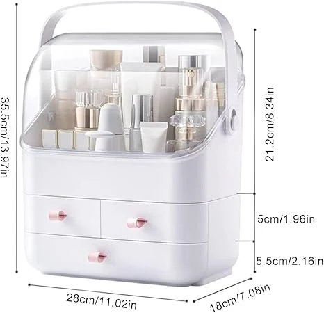 Linfidite cutie de depozitare cosmetice cu capac, organizator de machiaj cu capac anti-praf, mâner portabil, alb, imagine 5