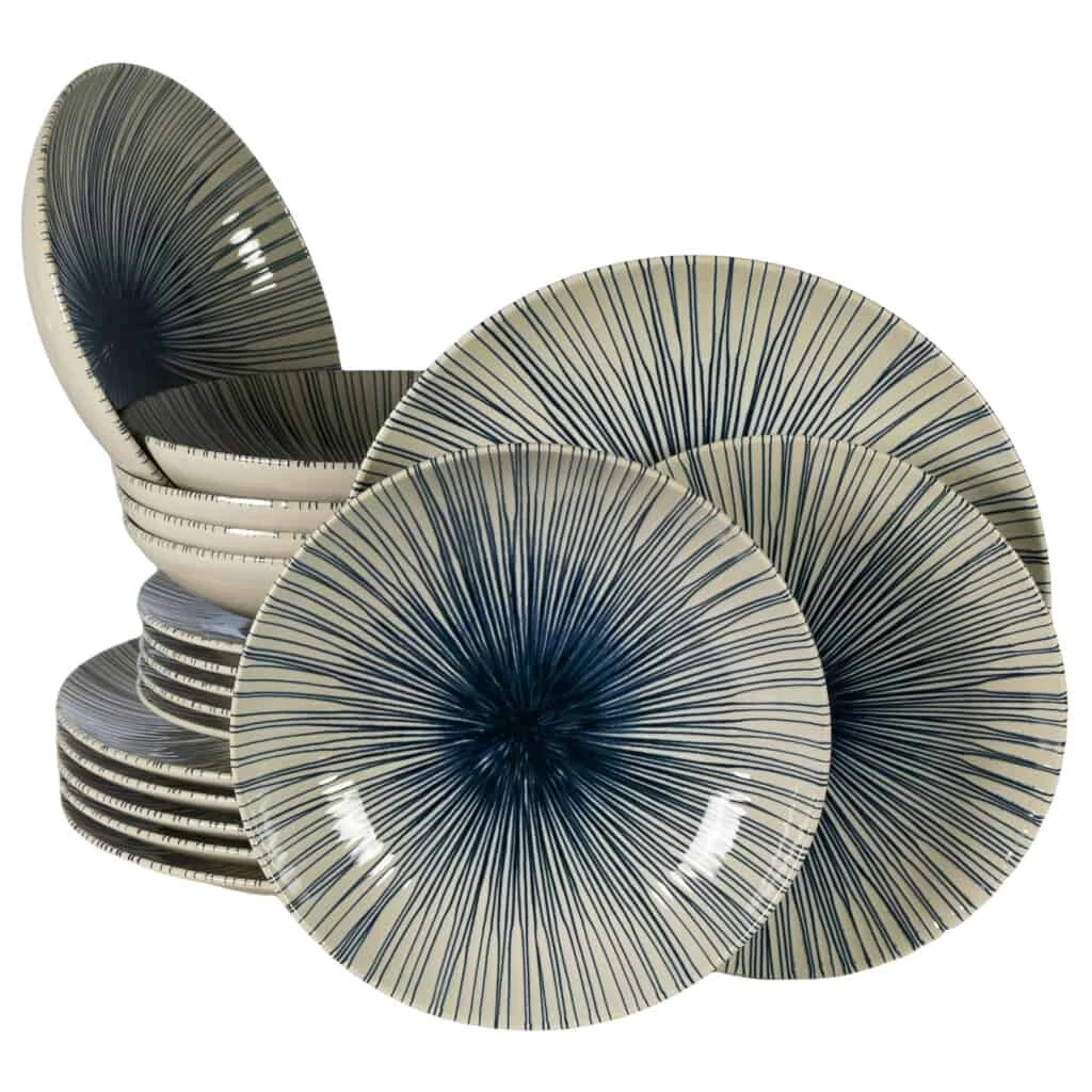 Set farfurii 18 piese, 6 persoane, MoonLight, Alb Ivoire cu linii albastre