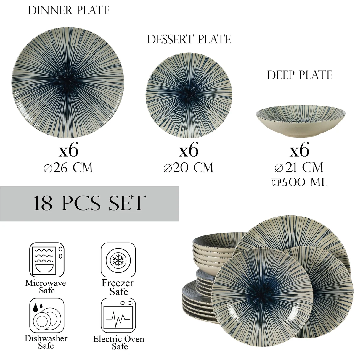 Set farfurii 18 piese, 6 persoane, moonlight, alb ivoire cu linii albastre, imagine 2