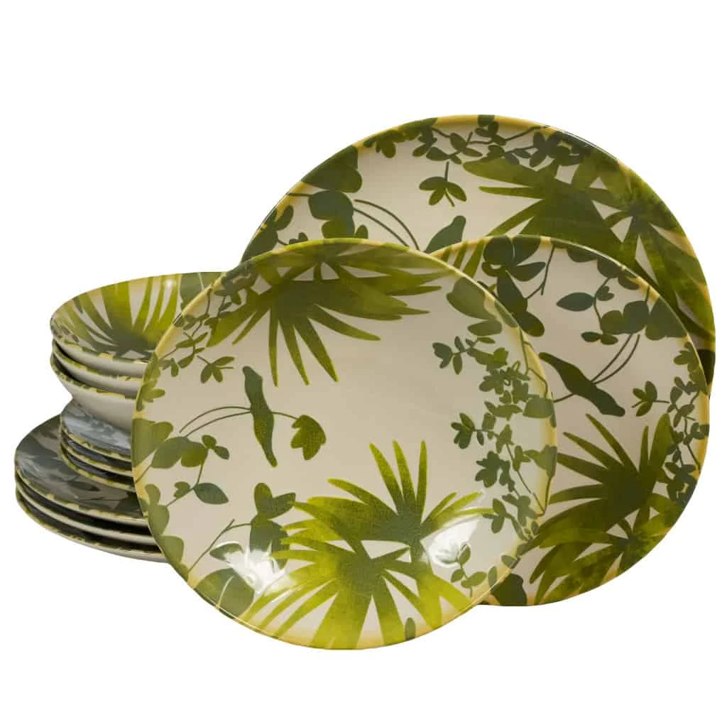 Set farfurii 12 piese, 4 persoane, Hawaii, Alb Ivoire, frunze verzi