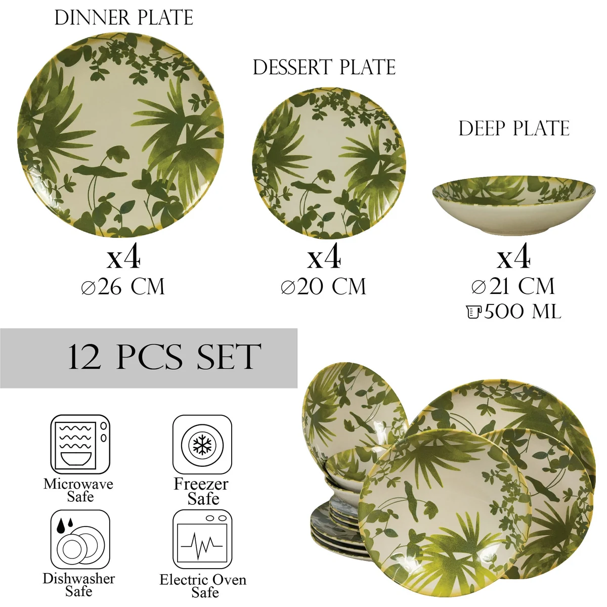Set farfurii 12 piese, 4 persoane, hawaii, alb ivoire, frunze verzi, imagine 2