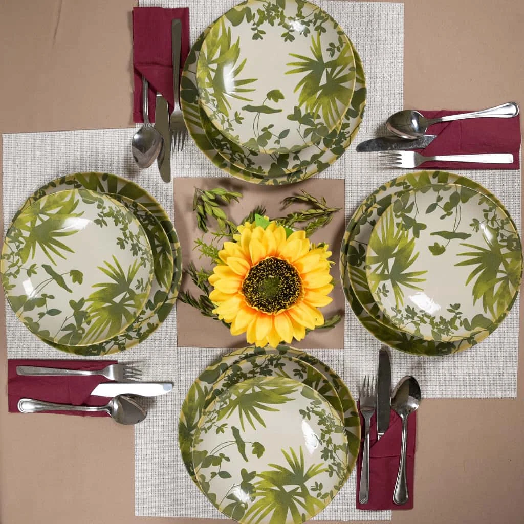 Set farfurii 12 piese, 4 persoane, hawaii, alb ivoire, frunze verzi, imagine 7
