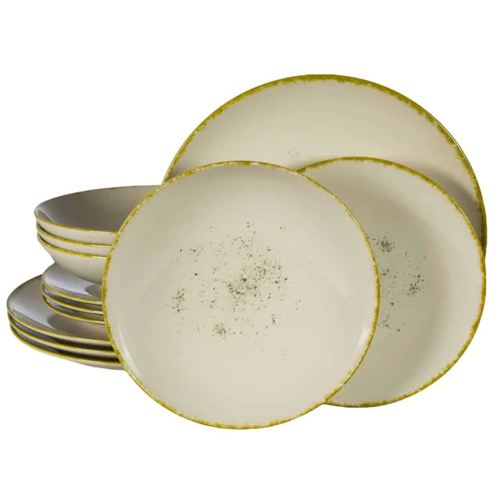 Set farfurii 12 piese, 4 persoane, Ivory Stone, Alb Ivoire, margine aurie