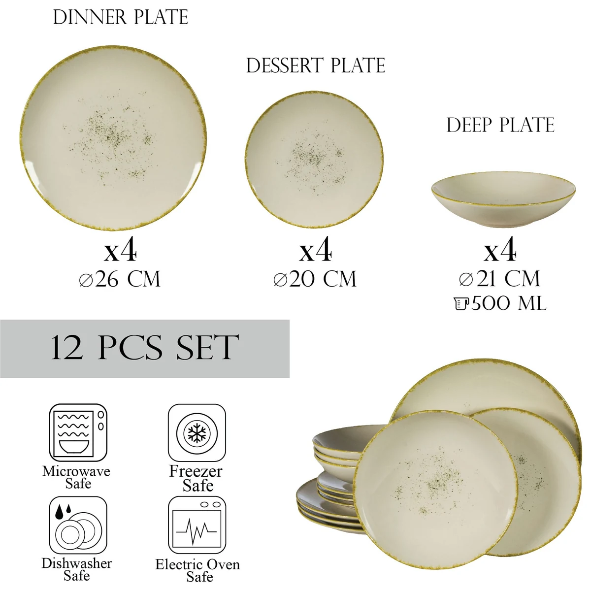 Set farfurii 12 piese, 4 persoane, ivory stone, alb ivoire, margine aurie, imagine 2