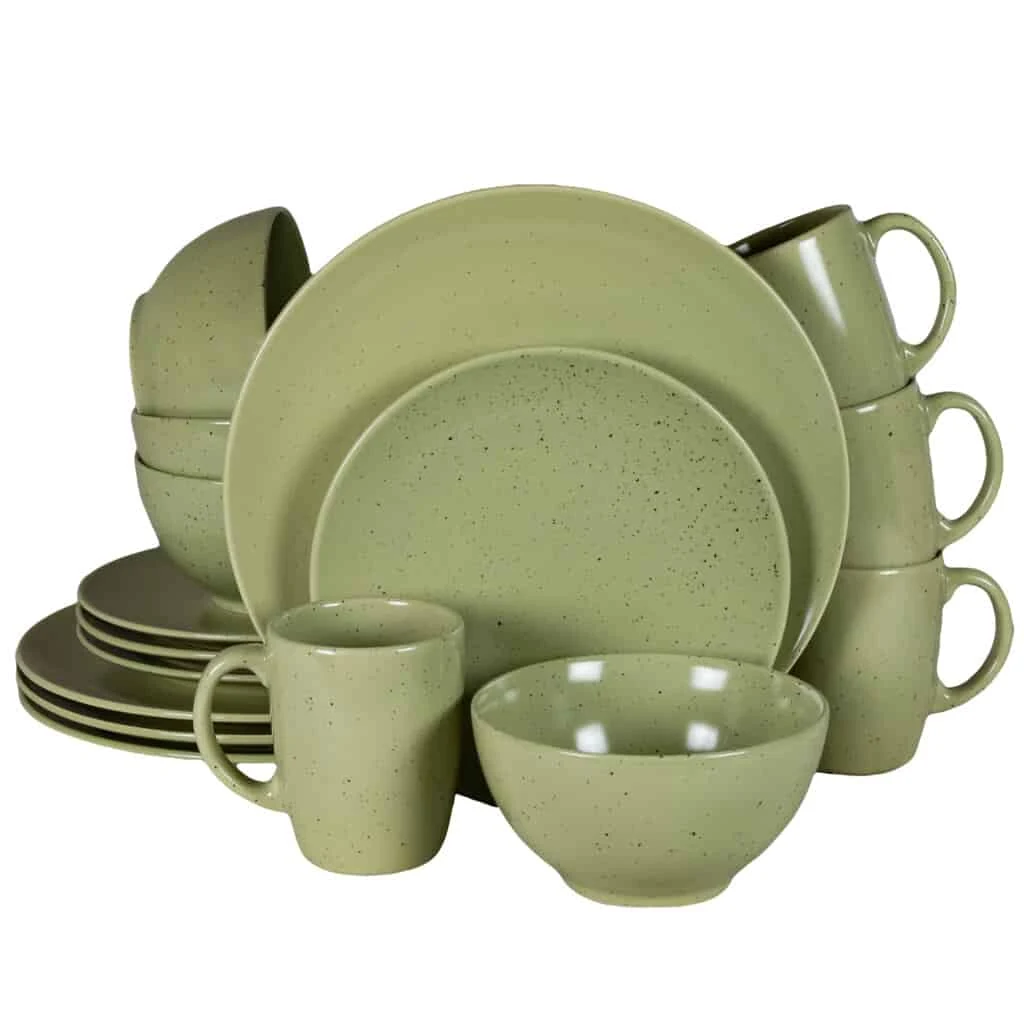 Set plates 16 piese, 4 persoane, green salvie matte with puncte negre