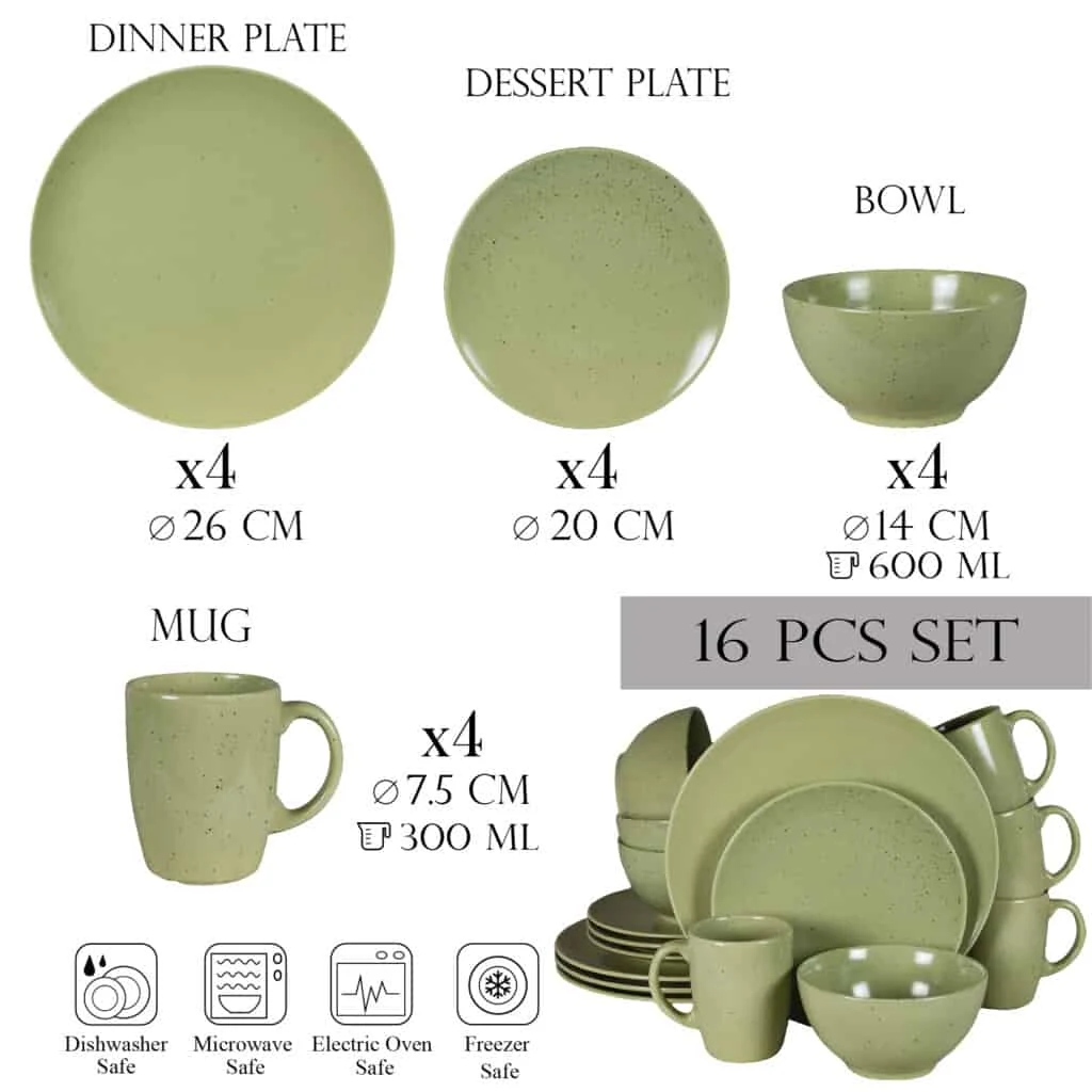 Set farfurii 16 piese, 4 persoane, verde salvie mat cu puncte negre, imagine 2
