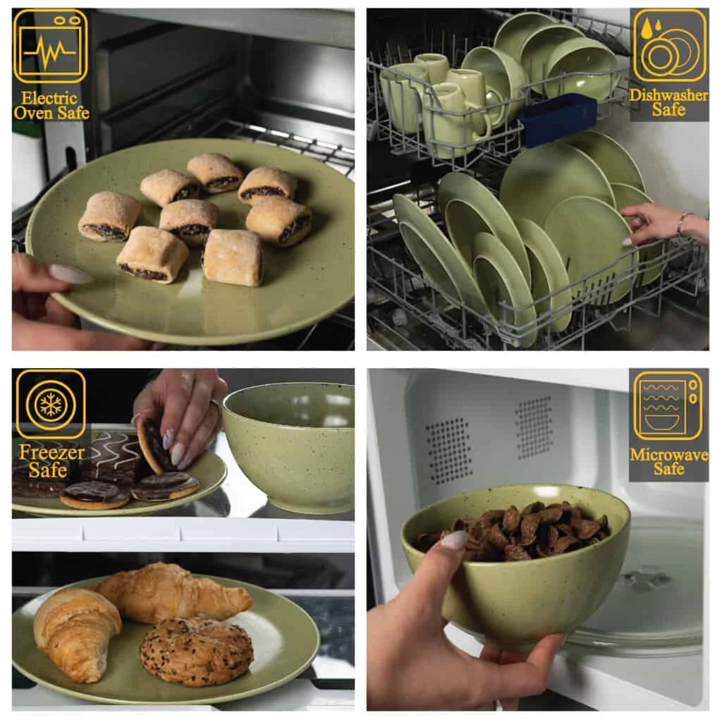 Set farfurii 16 piese, 4 persoane, verde salvie mat cu puncte negre, imagine 3