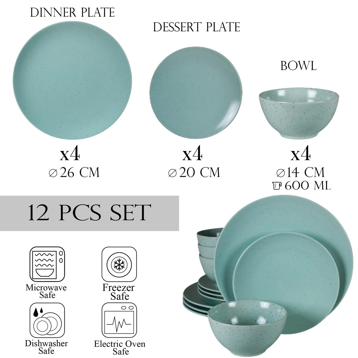 Set farfurii 12 piese, 4 persoane, peppermint, verde menta mat cu puncte negre, imagine 2