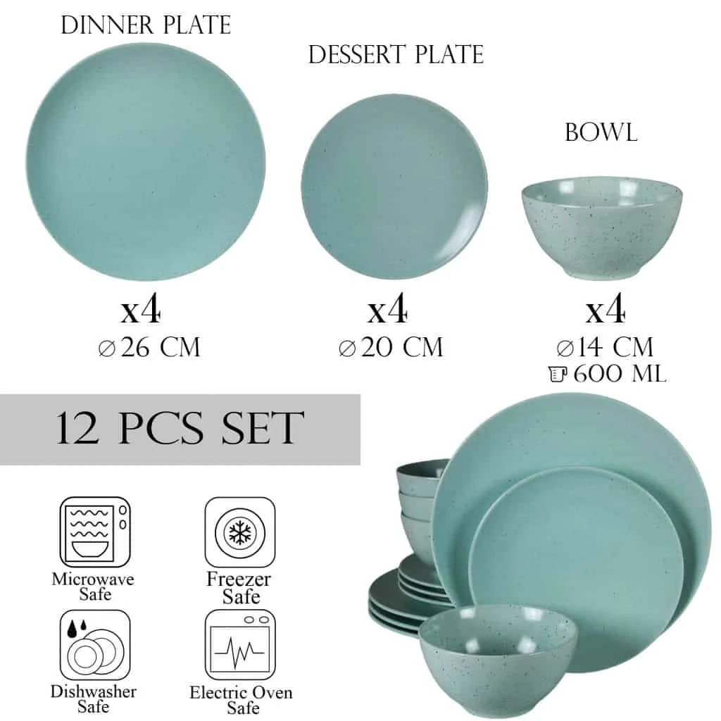 Set farfurii 12 piese, 4 persoane, peppermint, turcoaz mat cu puncte negre, imagine 2