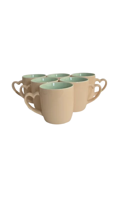 Set 6 cani cu toarta in forma de inima, 320 ml, Cesiro, Crem/Turcoaz