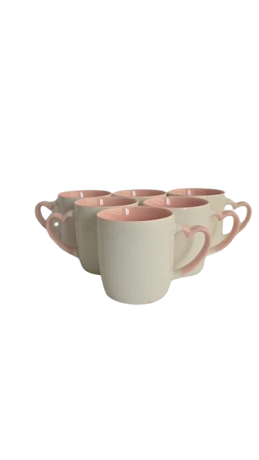 Set 6 cani cu toarta in forma de inima, 320 ml, Cesiro, Portelan, Alb/Roz