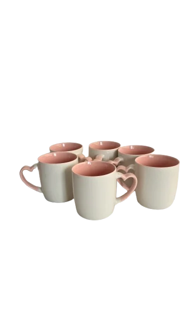 Set 6 cani cu toarta in forma de inima, 320 ml, Cesiro, Portelan, Alb/Roz 3