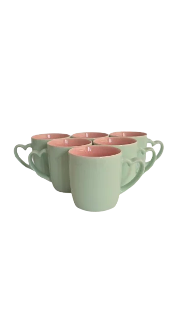 Set 6 cani cu toarta in forma de inima, 320 ml, Cesiro, Portelan, Turcoaz/Roz