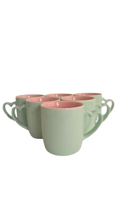 Set 6 cani cu toarta in forma de inima, 320 ml, Cesiro, Portelan, Turcoaz/Roz 4