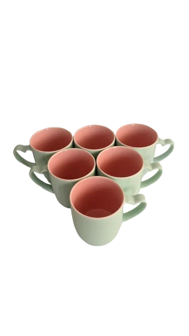 Set 6 cani cu toarta in forma de inima, 320 ml, Cesiro, Portelan, Turcoaz/Roz 5