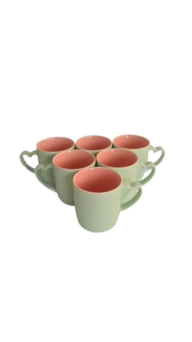 Set 6 cani cu toarta in forma de inima, 320 ml, Cesiro, Portelan, Turcoaz/Roz 6